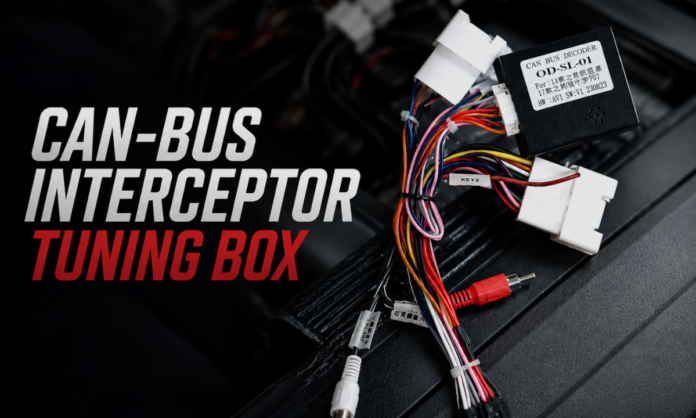 CAN-bus interceptor tuning box connected to an automotive ECU wiring harness.