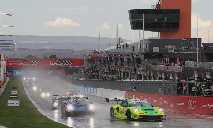 GT3 race car braking heavily into The Chase during the Bathurst 12 Hour at Mount Panorama.