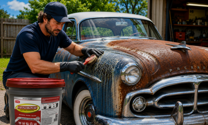 Rusted automotive steel parts submerged in an Evapo-Rust chemical chelation bath for non-toxic rust removal.