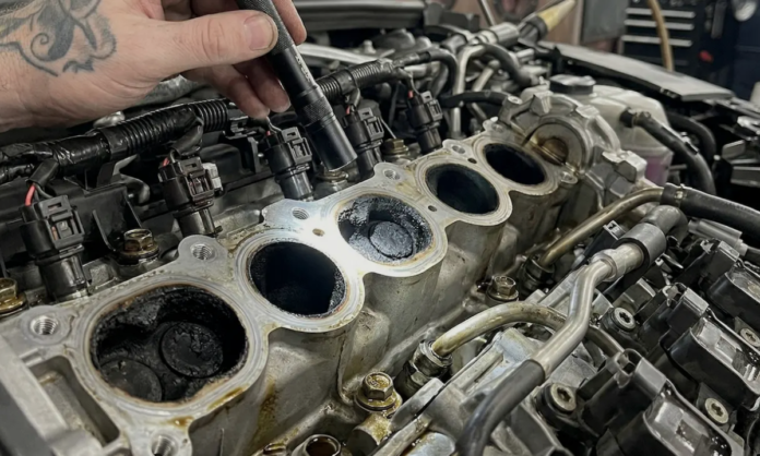 Close-up of intake valves with heavy carbon build-up inside a gasoline direct injection engine.