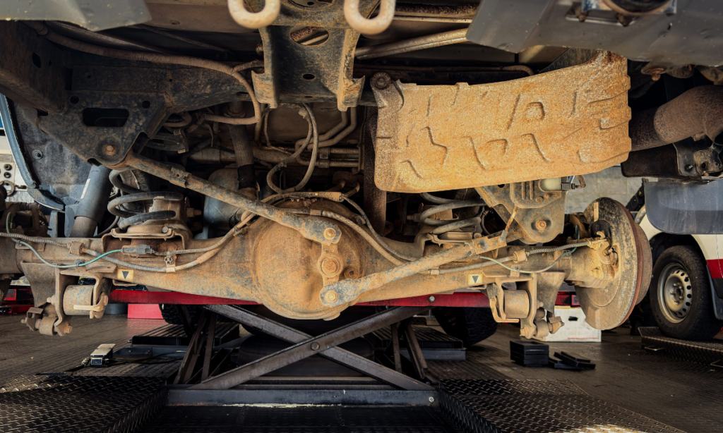 Rusted suspension arms restored to clean bare steel after selective chemical chelation treatment.